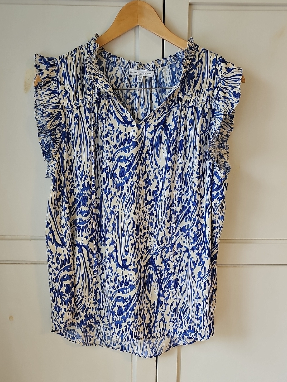 Blue & White Ruffle Sleeve V-Neck Blouse